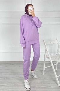 Modalamelif Kapüşon Detaylı Kanguru Cepli İkili Takım Lila
