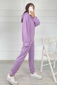 Modalamelif Kapüşon Detaylı Kanguru Cepli İkili Takım Lila