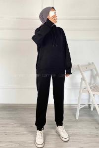 Modalamelif Kapüşon Detaylı Kanguru Cepli İkili Takım Siyah
