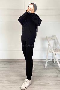 Modalamelif Kapüşon Detaylı Kanguru Cepli İkili Takım Siyah