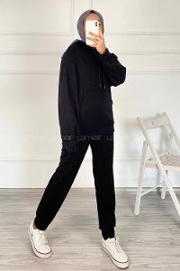 Modalamelif Kapüşon Detaylı Kanguru Cepli İkili Takım Siyah
