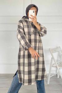 Modalamelif Kapüşonlu Yarım Düğmeli Ekose Desen Kap Gri