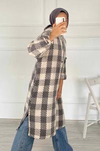 Modalamelif Kapüşonlu Yarım Düğmeli Ekose Desen Kap Gri