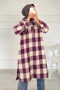Modalamelif Kapüşonlu Yarım Düğmeli Ekose Desen Tunik Mor