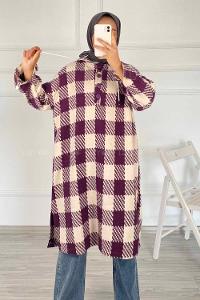 Modalamelif Kapüşonlu Yarım Düğmeli Ekose Desen Tunik Mor