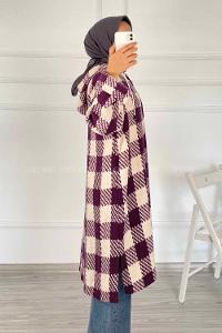 Modalamelif Kapüşonlu Yarım Düğmeli Ekose Desen Tunik Mor