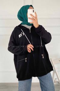 Modalamelif Kapüşonlu Yazı Baskılı Fermuarlı Çift Cepli Hırka Siyah