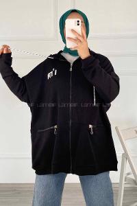 Modalamelif Kapüşonlu Yazı Baskılı Fermuarlı Çift Cepli Hırka Siyah