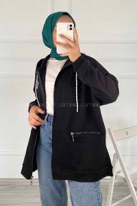 Modalamelif Kapüşonlu Yazı Baskılı Fermuarlı Çift Cepli Hırka Siyah