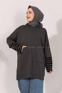 Modalamelif Kol Çizgi Garnili Kapüşon Detaylı Antrasit