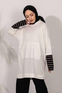 Modalamelif Kol Çizgi Garnili Kapüşon Detaylı Beyaz