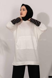Modalamelif Kol Çizgi Garnili Kapüşon Detaylı Beyaz