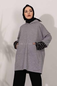 Çizgi Garnili Kapüşon Detaylı Gri