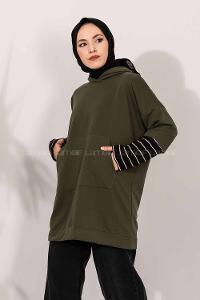 Modalamelif Kol Çizgi Garnili Kapüşon Detaylı Haki Yeşil