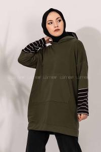 Modalamelif Kol Çizgi Garnili Kapüşon Detaylı Haki Yeşil