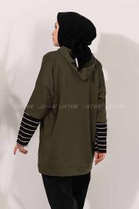 Modalamelif Kol Çizgi Garnili Kapüşon Detaylı Haki Yeşil