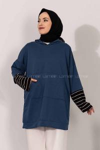 Modalamelif Kol Çizgi Garnili Kapüşon Detaylı Mavi
