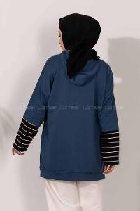 Modalamelif Kol Çizgi Garnili Kapüşon Detaylı Mavi