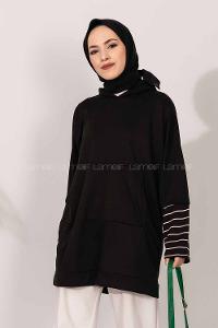 Modalamelif Kol Çizgi Garnili Kapüşon Detaylı Siyah