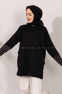 Modalamelif Kol Çizgi Garnili Kapüşon Detaylı Siyah
