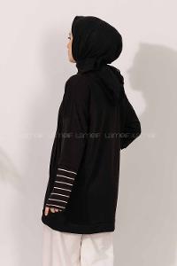 Modalamelif Kol Çizgi Garnili Kapüşon Detaylı Siyah