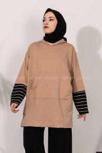 Modalamelif Kol Çizgi Garnili Kapüşon Detaylı Sütlü Kahve