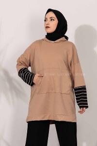 Modalamelif Kol Çizgi Garnili Kapüşon Detaylı Sütlü Kahve