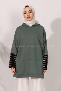 Modalamelif Kol Çizgi Garnili Kapüşon Detaylı Tunik Pastel Yeşil