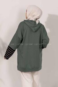 Modalamelif Kol Çizgi Garnili Kapüşon Detaylı Tunik Pastel Yeşil