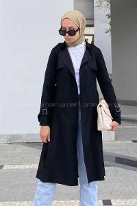 Modalamelif Kuşak Bağlamalı Omuz Apoletli Süet Trenç Siyah