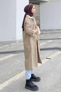 Modalamelif Önü Boydan Düğmeli Beli Kemerli Trenç Bej