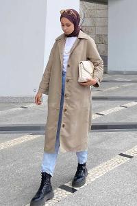 Modalamelif Önü Boydan Düğmeli Beli Kemerli Trenç Bej