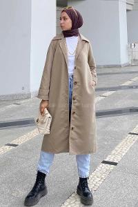 Modalamelif Önü Boydan Düğmeli Beli Kemerli Trenç Bej