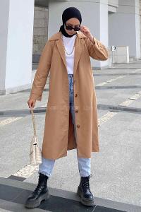 Modalamelif Önü Boydan Düğmeli Beli Kemerli Trenç Camel