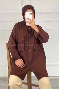 Modalamelif Önü Boydan Düğmeli Kapak Cep Detaylı Kesik Ceket Acı Kahve