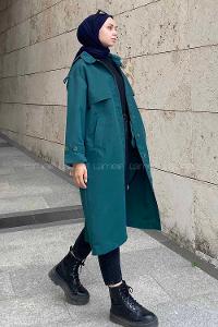 Modalamelif Önü Boydan Düğmeli Kapüşon Detaylı Trenç Zümrüt
