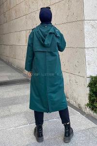 Modalamelif Önü Boydan Düğmeli Kapüşon Detaylı Trenç Zümrüt