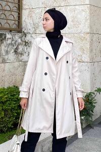 Modalamelif Önü Düğme Detaylı Kuşak Bağlamalı Çift Cepli Trenç Bej