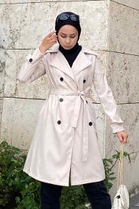 Modalamelif Önü Düğme Detaylı Kuşak Bağlamalı Çift Cepli Trenç Bej