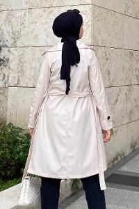 Modalamelif Önü Düğme Detaylı Kuşak Bağlamalı Çift Cepli Trenç Bej