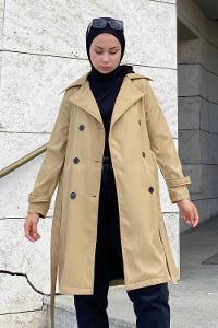 Modalamelif Önü Düğme Detaylı Kuşak Bağlamalı Çift Cepli Trenç Camel