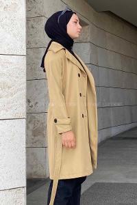 Modalamelif Önü Düğme Detaylı Kuşak Bağlamalı Çift Cepli Trenç Camel