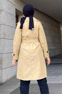 Modalamelif Önü Düğme Detaylı Kuşak Bağlamalı Çift Cepli Trenç Camel