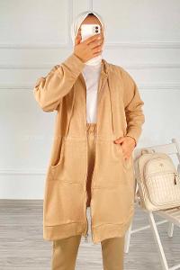 Modalamelif Önü Fermuarlı Kapşonlu İkili Takım Sütlü Kahve