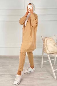 Modalamelif Önü Fermuarlı Kapşonlu İkili Takım Sütlü Kahve