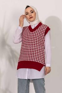 Modalamelif V Yaka Kazayak Desenli Süveter Kırmızı