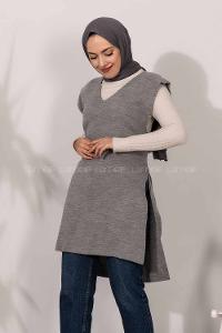 Modalamelif V Yaka Kuşak Bağlamalı Süveter Yelek Gri