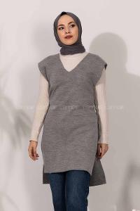 Modalamelif V Yaka Kuşak Bağlamalı Süveter Yelek Gri