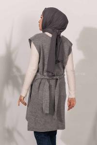 Modalamelif V Yaka Kuşak Bağlamalı Süveter Yelek Gri