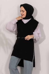 Modalamelif V Yaka Kuşak Bağlamalı Süveter Yelek Siyah